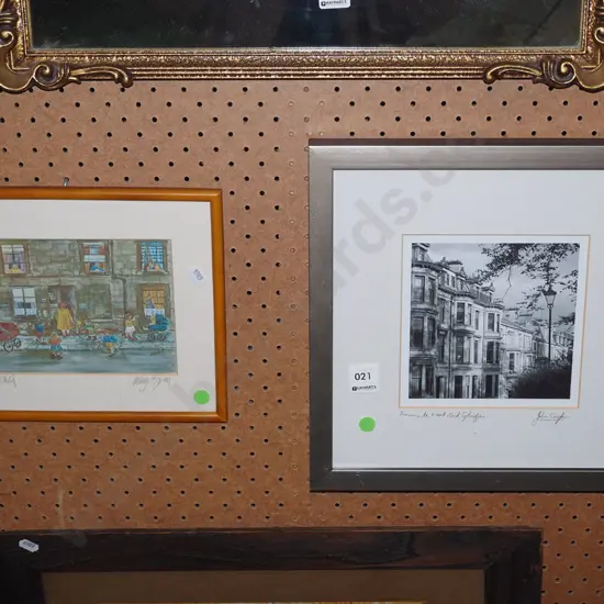 2x framed prints - city scenes - green dots