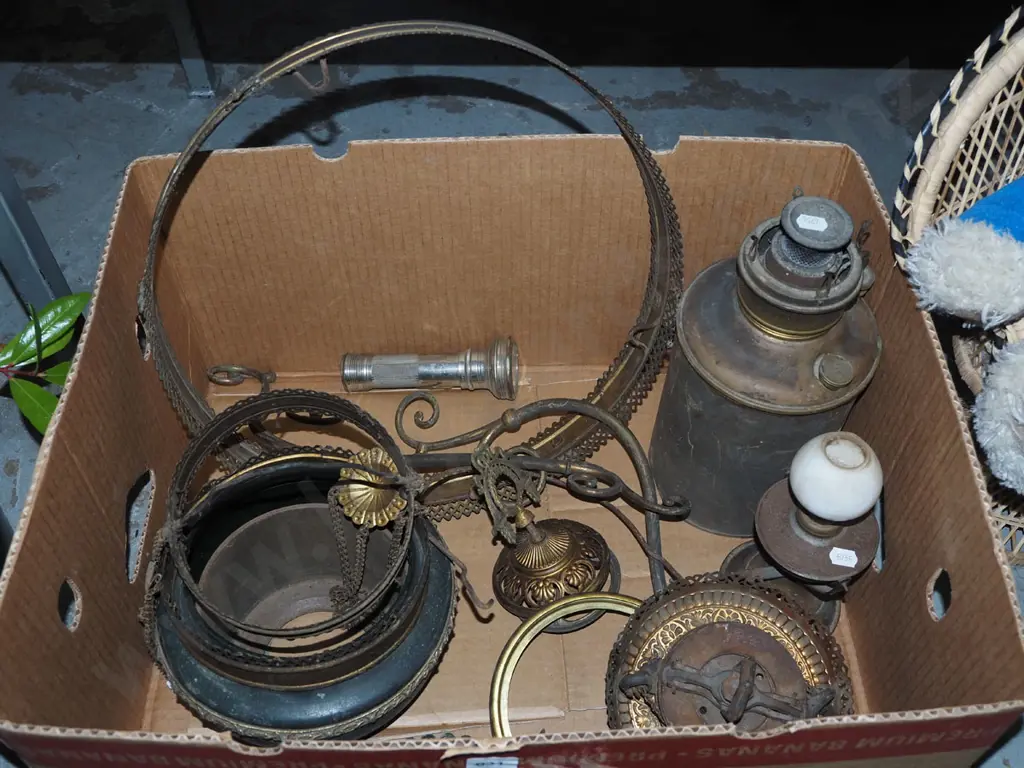 box of Victorian rise and fall kerosene lantern parts etc Image 1++