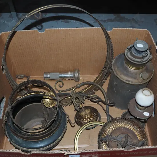 box of Victorian rise and fall kerosene lantern parts etc