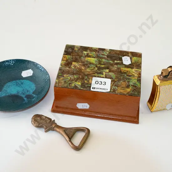 small paua wood trinket box, enamel kiwi dish, lighter & a cast metal bottle opener