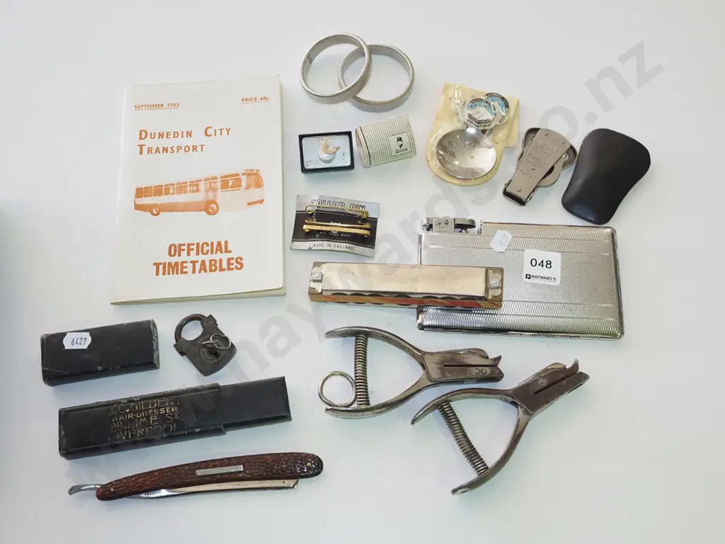 tray; harmonica, large lighter, vintage razor etc Image 1++