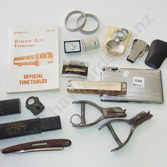 tray; harmonica, large lighter, vintage razor etc