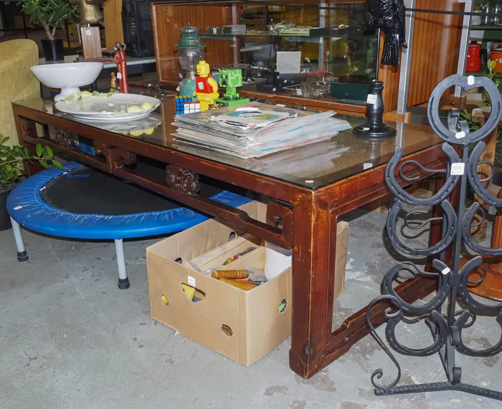 traditional Asian single bed converted to glass top table H500 W1810 D690 Image 1++