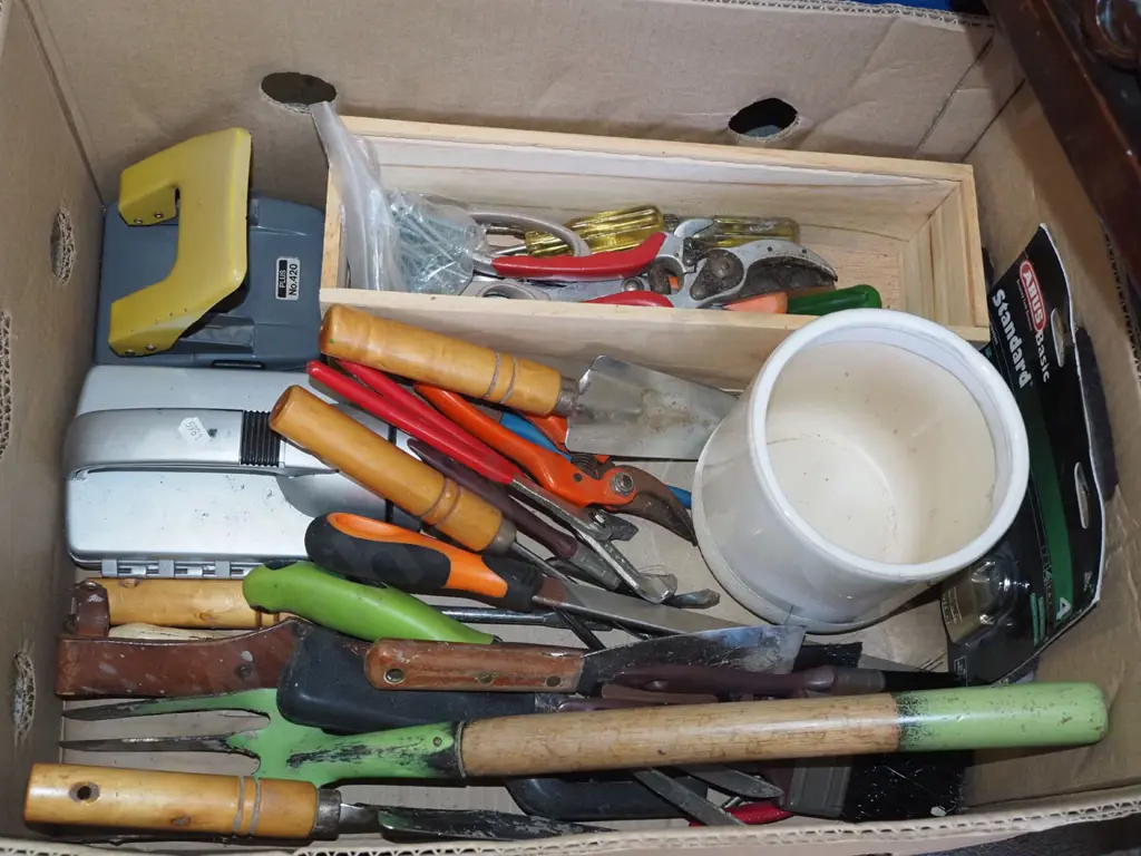 box; garden tools, hole punch, padlock etc Image 1++