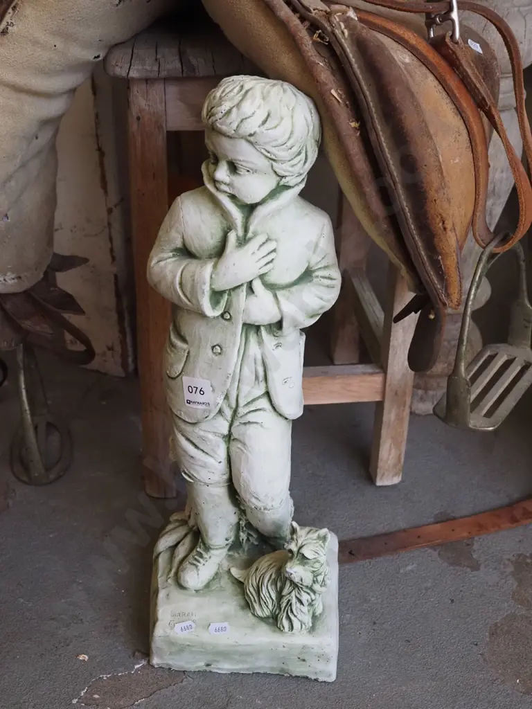 cast concrete ornament - boy and dog H500 Image 1++