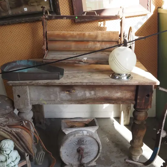 rustic wooden table, rustic vintage ringer - green dots Table H760 W1080 D680