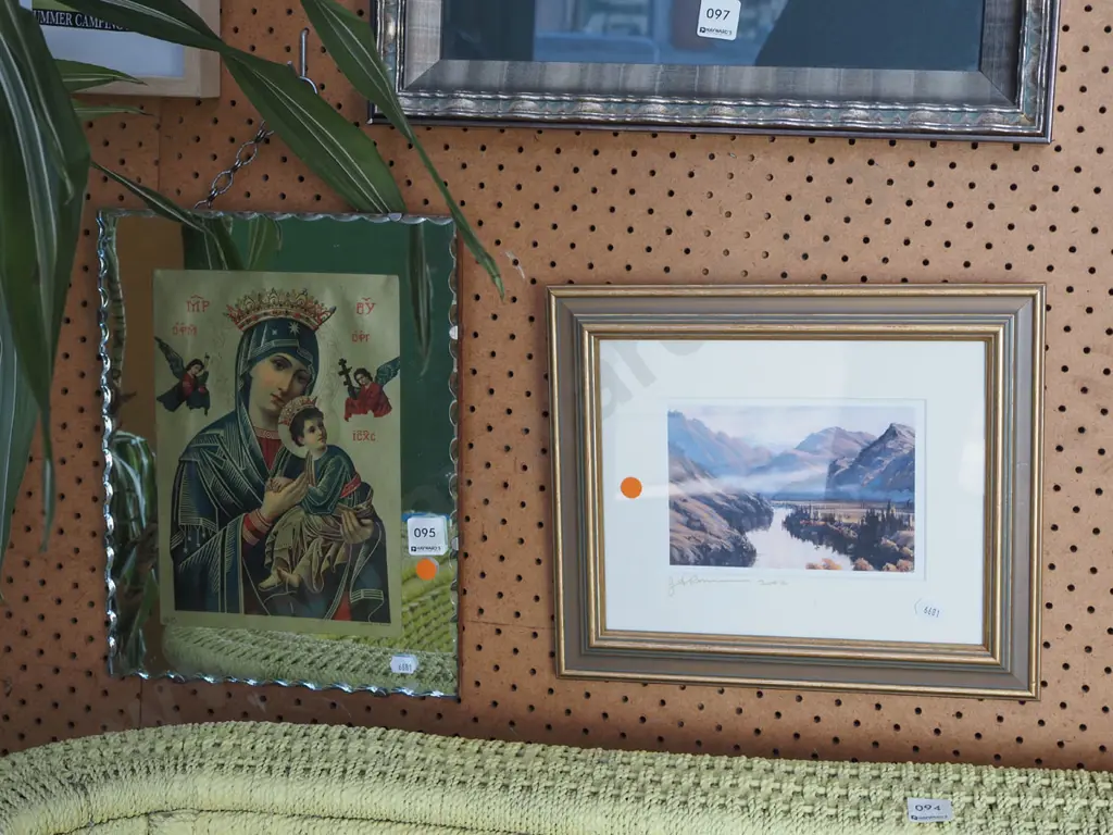 mirror framed religious print, 1x other print - orange dots Image 1++