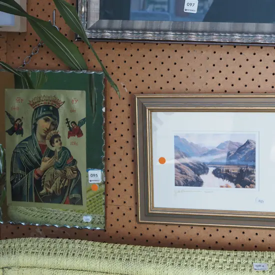 mirror framed religious print, 1x other print - orange dots