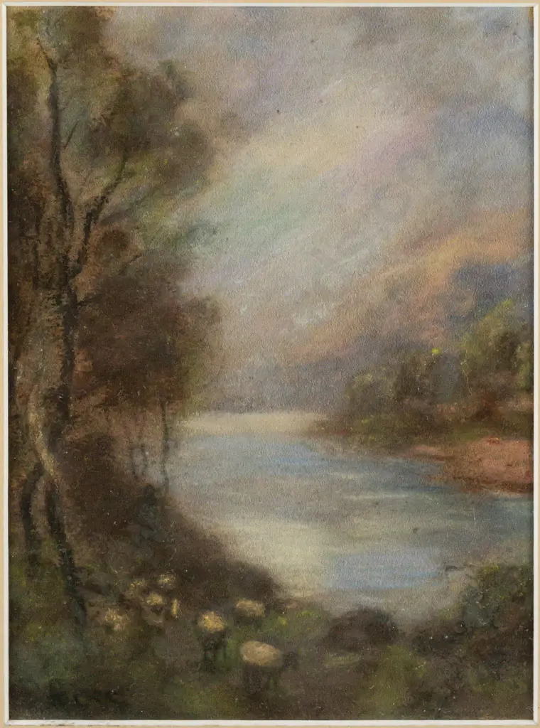 framed pastel - flock of sheep by river Image 1++