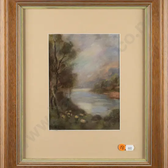 framed pastel - flock of sheep by river