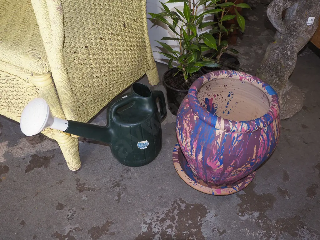 hand coloured terracotta planter, green plastic watering cans Image 1++