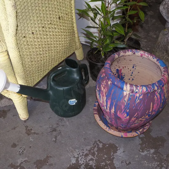 hand coloured terracotta planter, green plastic watering cans