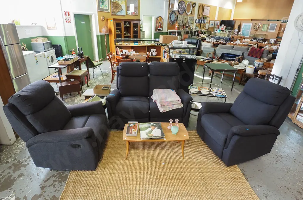 charcoal upholstered 3 piece lounge suite with reclining 2 seater sette, 2x reclining single seats - slight fading Image 1++