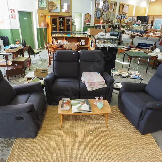 charcoal upholstered 3 piece lounge suite with reclining 2 seater sette, 2x reclining single seats - slight fading