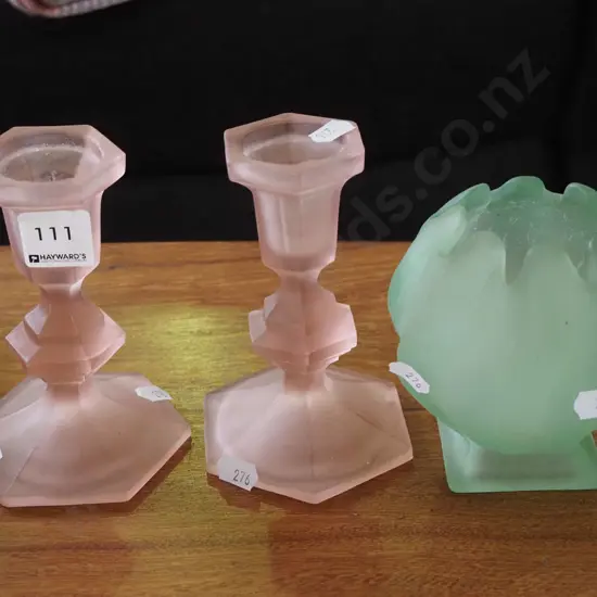 2x pink glass candlesticks, green glass bowl Candlestick H125