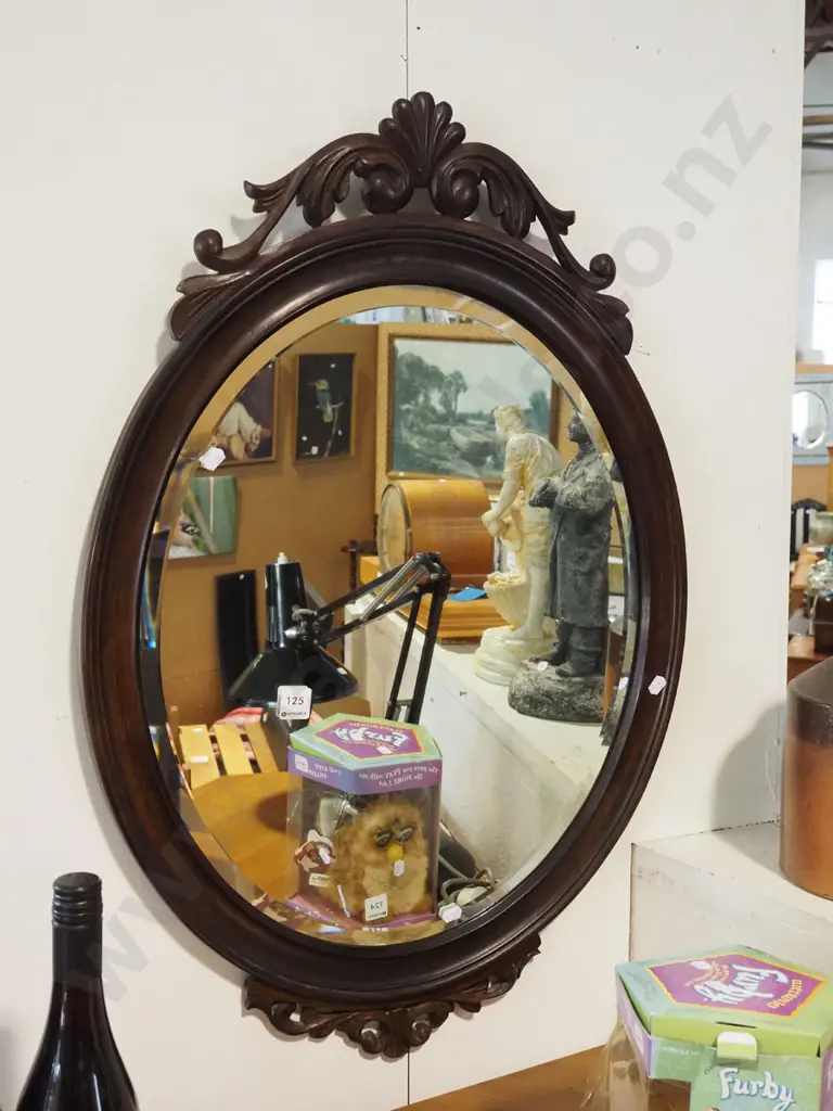 carved wooden bevelled edge oval wall miroor H800 Image 1++