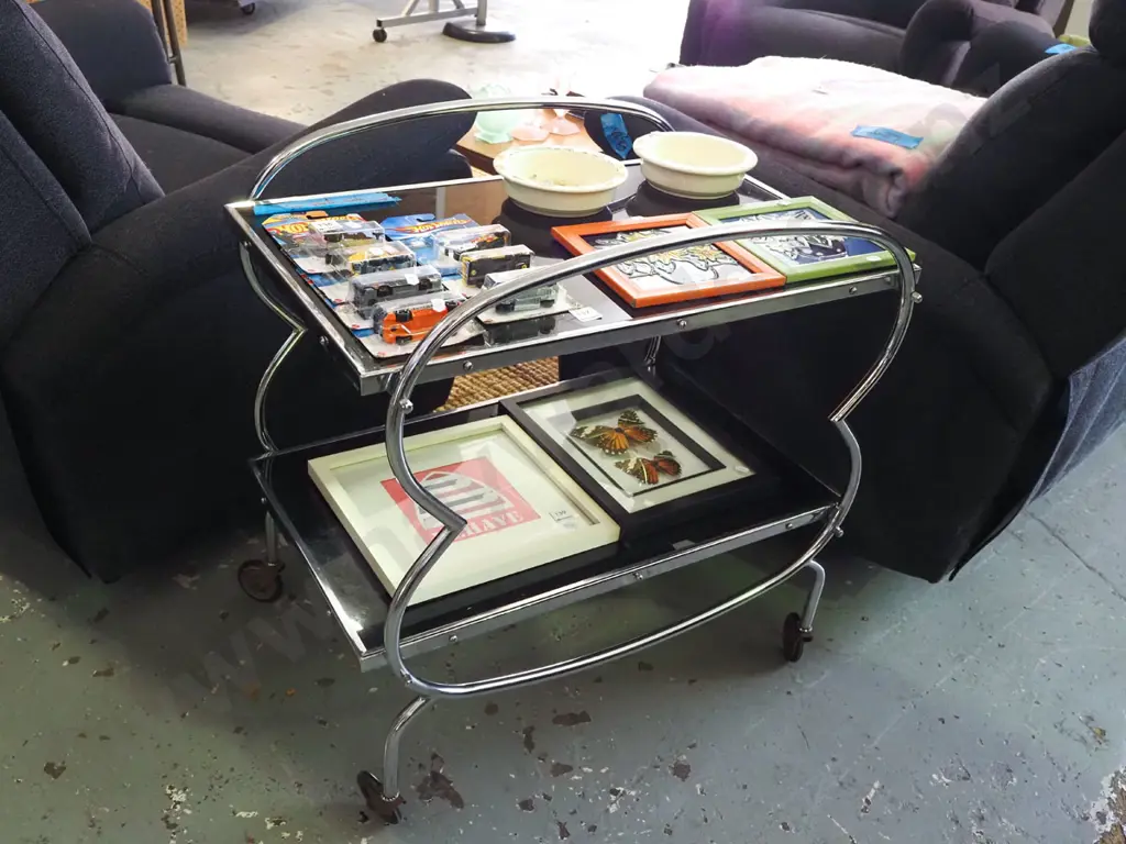 deco chrome and black glass 2 tier tea trolley - chrome in good condition, some nuts need replacing Image 1++
