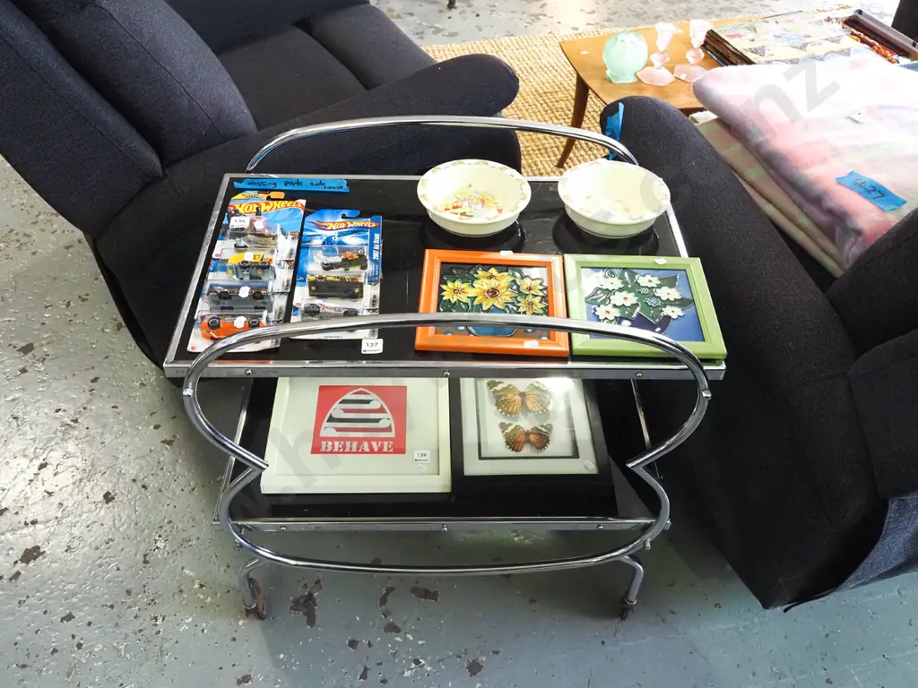 deco chrome and black glass 2 tier tea trolley - chrome in good condition, some nuts need replacing Image 1++