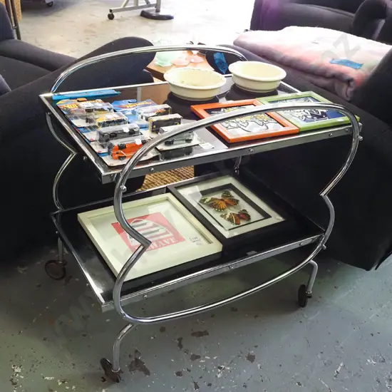 deco chrome and black glass 2 tier tea trolley - chrome in good condition, some nuts need replacing