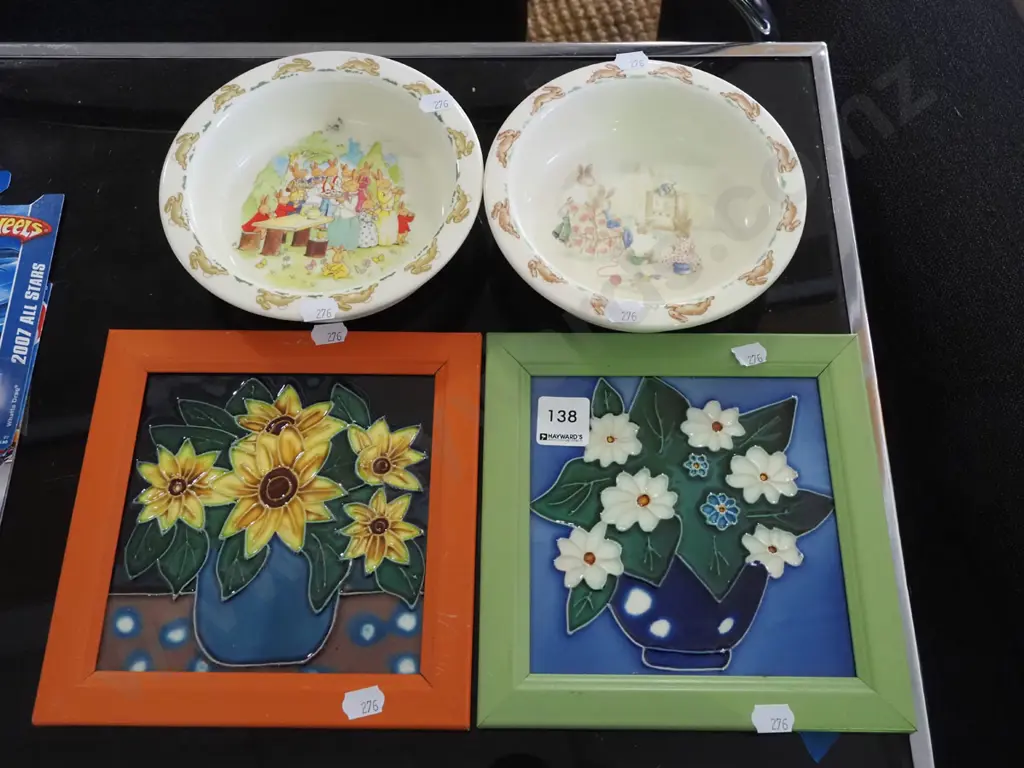 2x floral ceramic tiles, 2x bunnykins dishes -1 is faded Image 1++