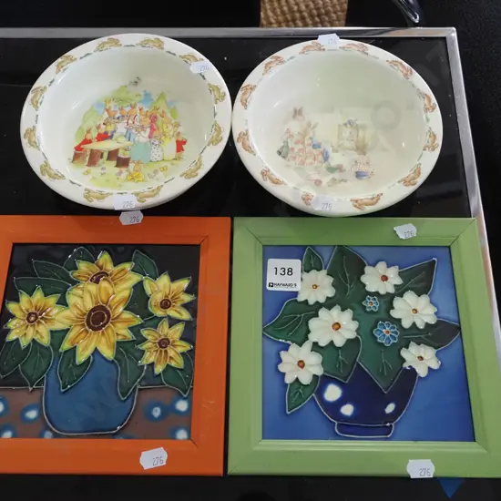 2x floral ceramic tiles, 2x bunnykins dishes -1 is faded