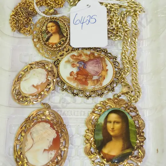 tray; pendants, brooches