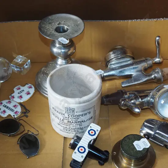 box; candlesticks, marmalade jar, sunglasses etc