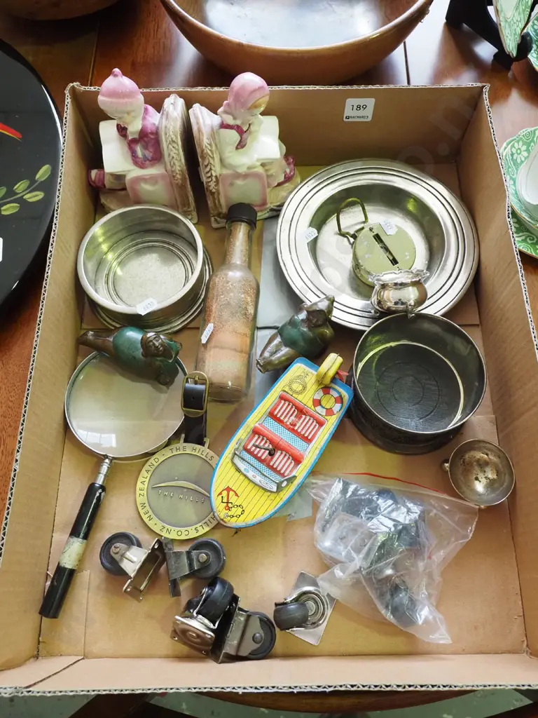 box; pewter bowls, magnifying glass, compass etc Image 1++
