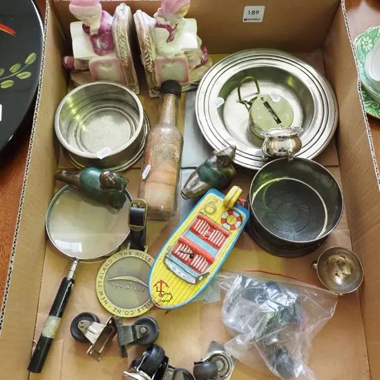 box; pewter bowls, magnifying glass, compass etc