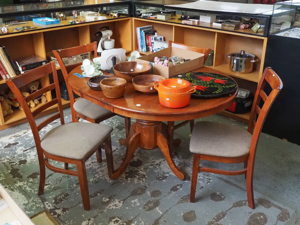 rubberwood extending dining table with matching upholstered ladder back chairs H770 W1400 D1060 Image 1++