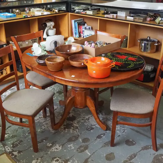 rubberwood extending dining table with matching upholstered ladder back chairs H770 W1400 D1060