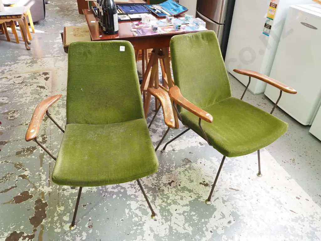 2x lime green armchairs - varnish needs attention Image 1++