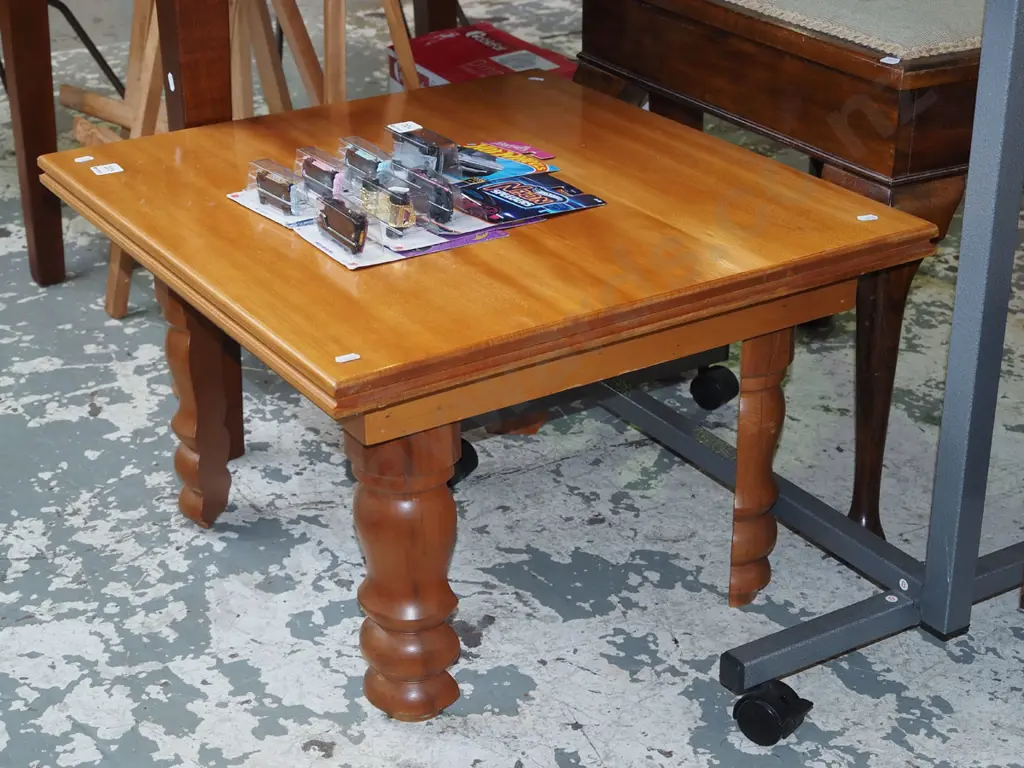 kauri top end table with unusual half cut turned legs H380 W570  D610 Image 1++