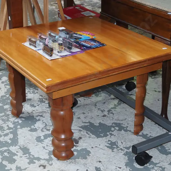 kauri top end table with unusual half cut turned legs H380 W570  D610