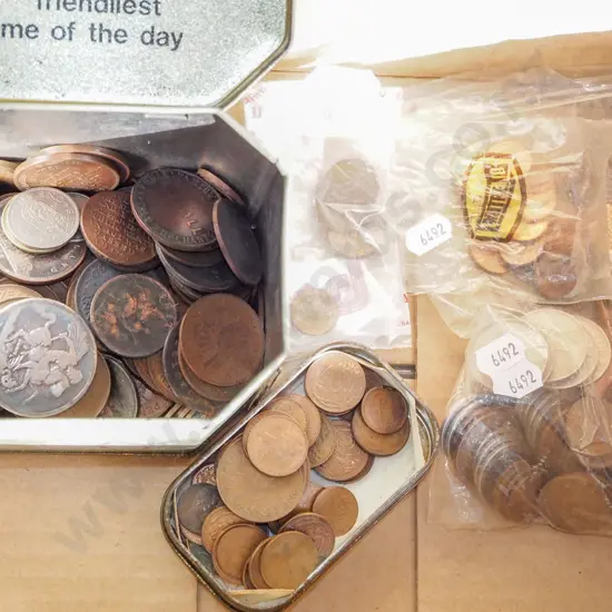 box; bag and tin of coins