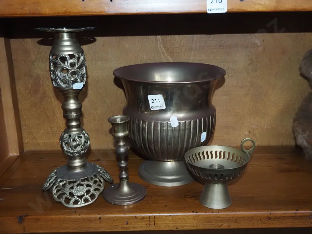 brass ware; candlesticks, jardiniere Image 1++