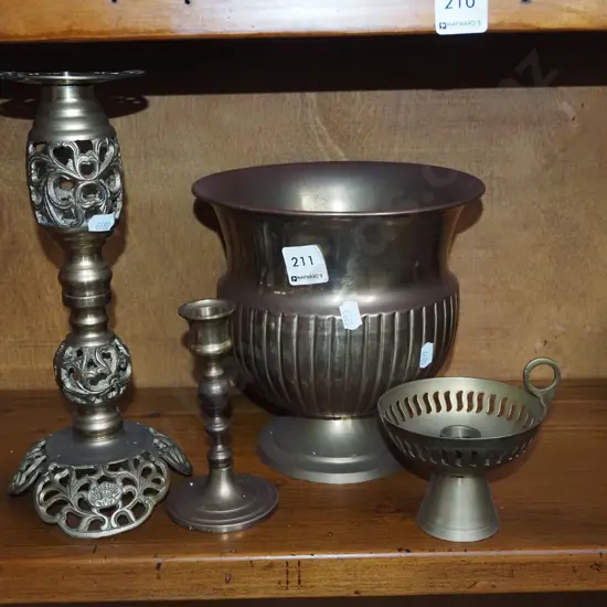 brass ware; candlesticks, jardiniere