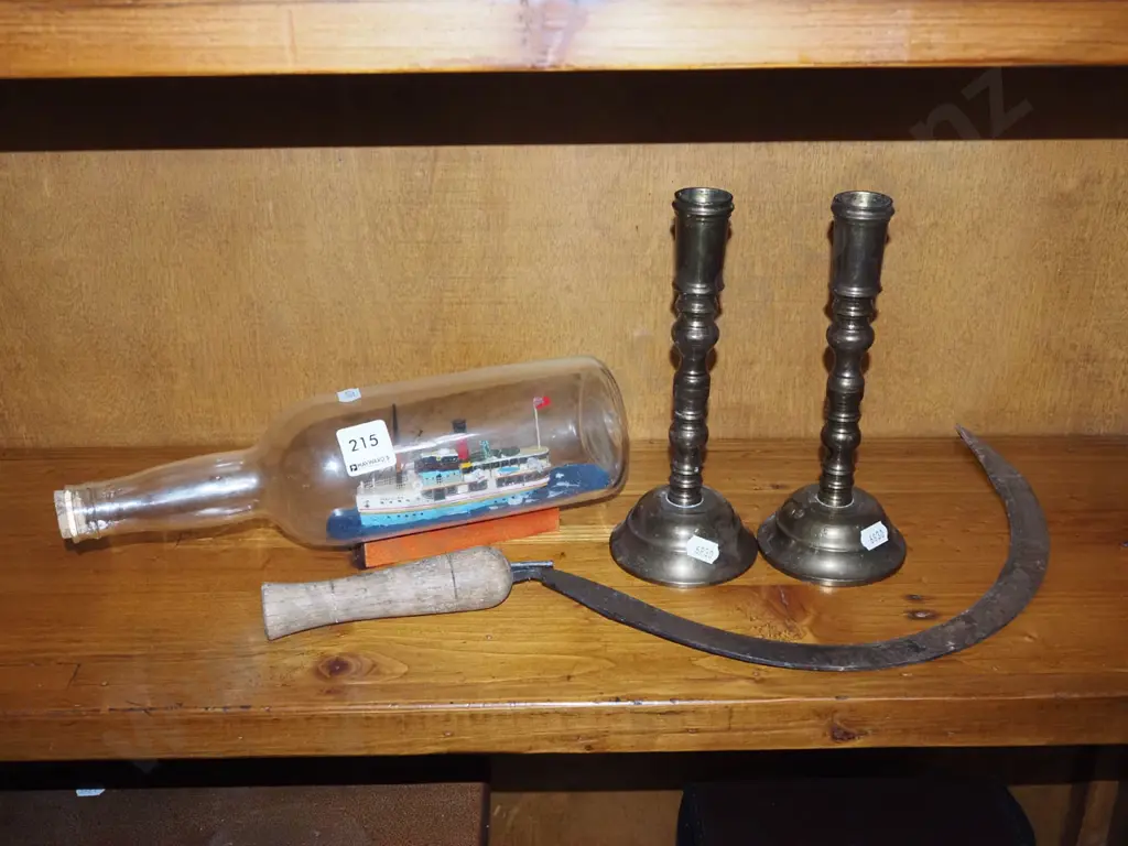 ship in a bottle - Earnslaw, scythe, 2x brass candlesticks Image 1++