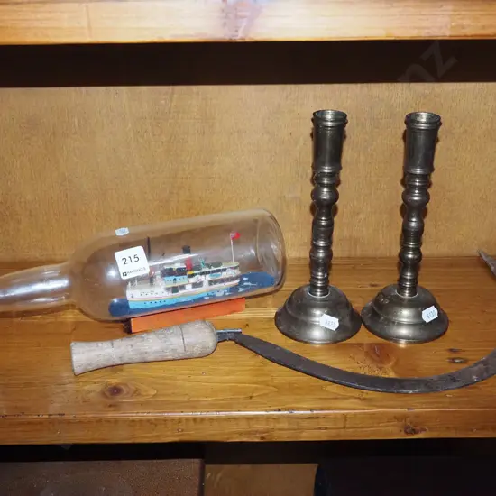ship in a bottle - Earnslaw, scythe, 2x brass candlesticks