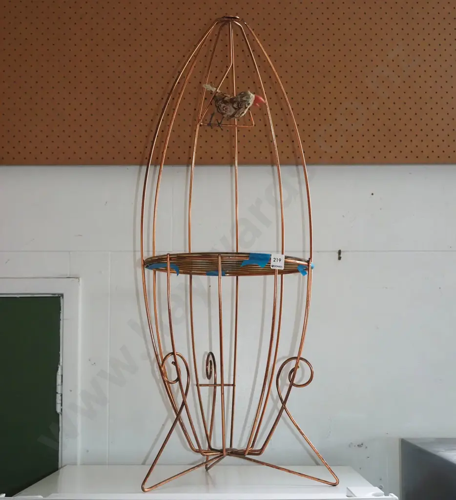 mid century metal and glass rocket shaped jardiniere stand with bird on perch H860 Image 1++