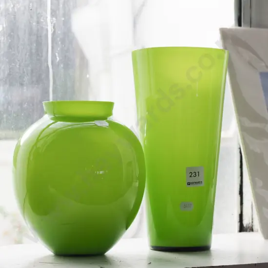 2x green glass vases 