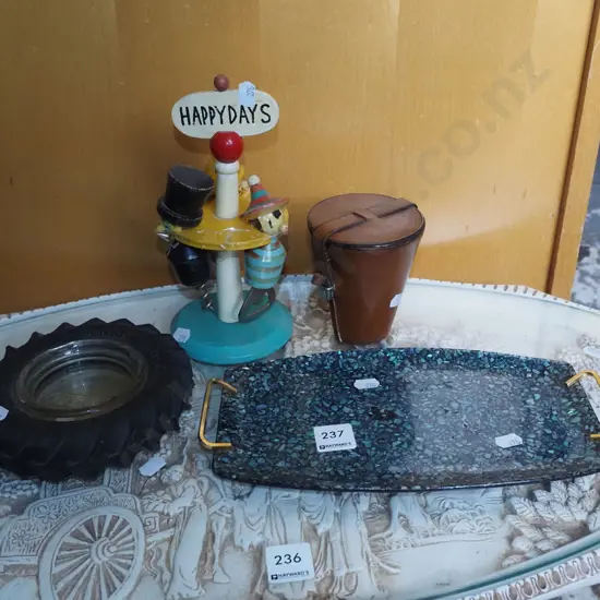 tyre ashtray, novelty bar tools, paua tray, stainless steel travel cups