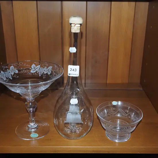 crystal bowl, comport, glass ship in a bottle