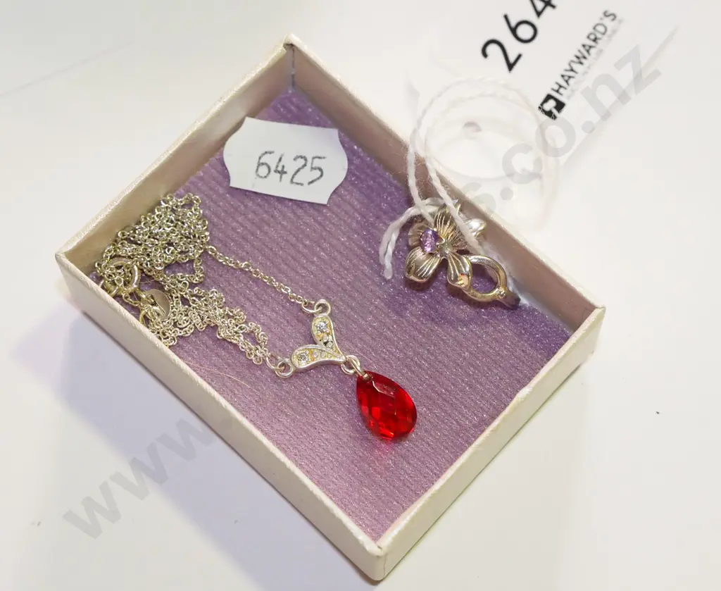 sterling silver red bead necklace & sterling silver amethyst ring Image 1++