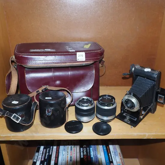 Kodak brownie folding camera, 2 Topcon bayonet mount lenses with cases, camera bag