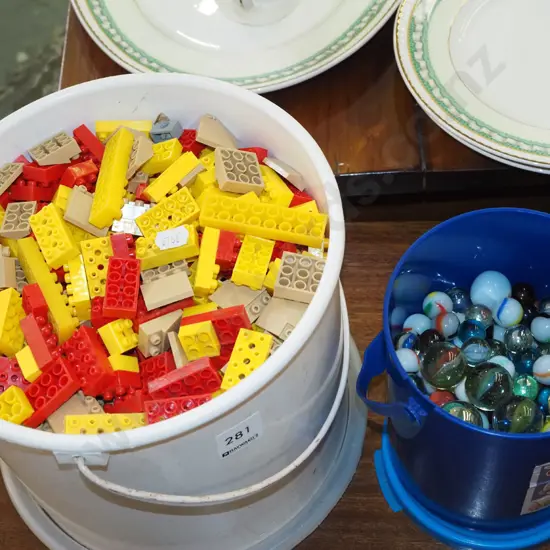 tub of Torro blocks, container of marbles