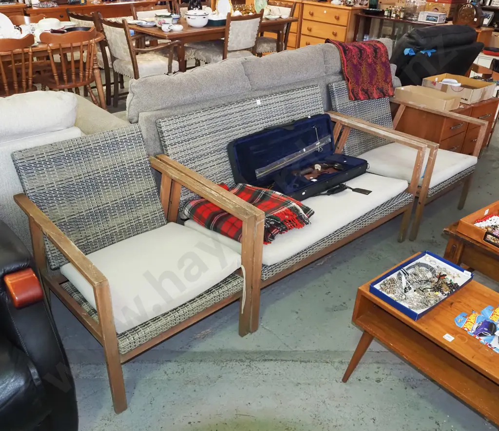 3 piece outdoor seating set - 2 seater, 2 singles - varnish needs attention, upholstery needs a clean Image 1++