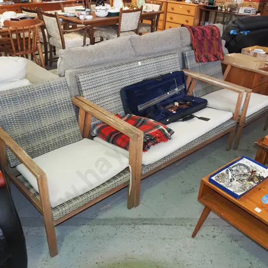 3 piece outdoor seating set - 2 seater, 2 singles - varnish needs attention, upholstery needs a clean