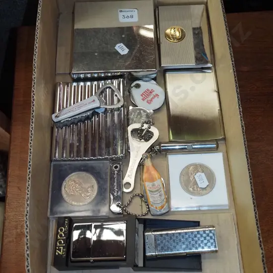 box; coins, bottle openers, lighters etc