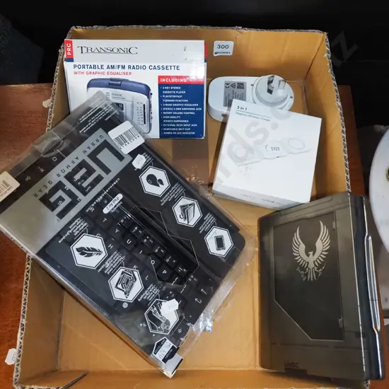 box; portable AM/FM cassette, keyboard etc